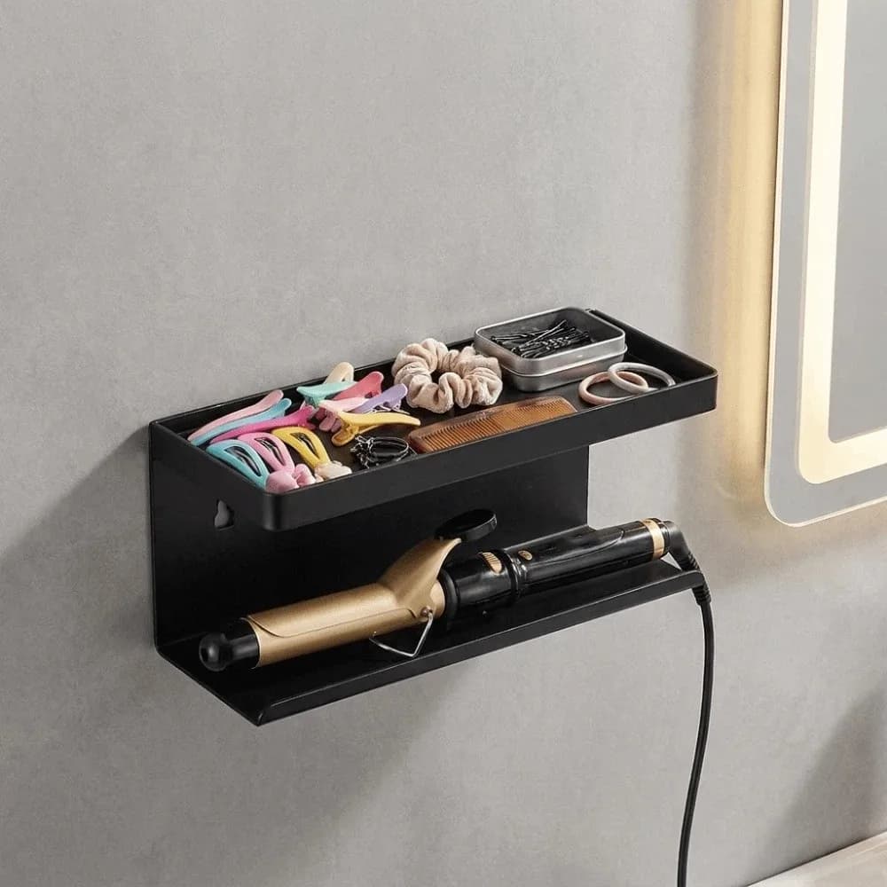 Carbon Steel Curling Iron Storage Rack Wall Mounted No Drill Hair Tool Holder Space Saving Bathroom Storage Organizer