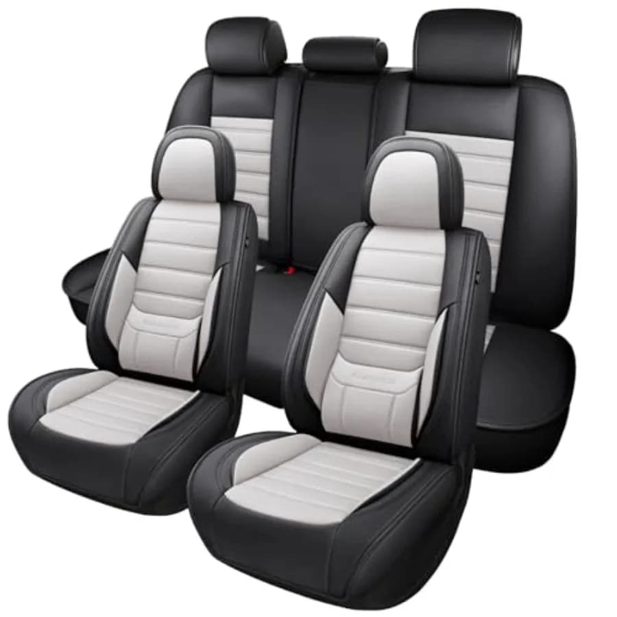 Set Completo di Coprisedili Auto in Pelle Nappa Impermeabile, Bianco e Nero, Adatto per la Maggior Parte delle Auto