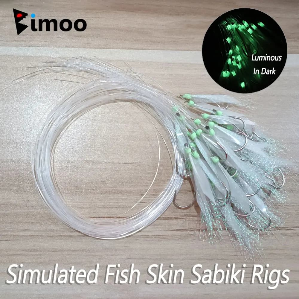 Bimoo 100 pz luminoso simulato pelle di pesce String ganci Sabiki Rig pesca in acqua salata Offshore Angler Flasher Deep Water Hook Lure