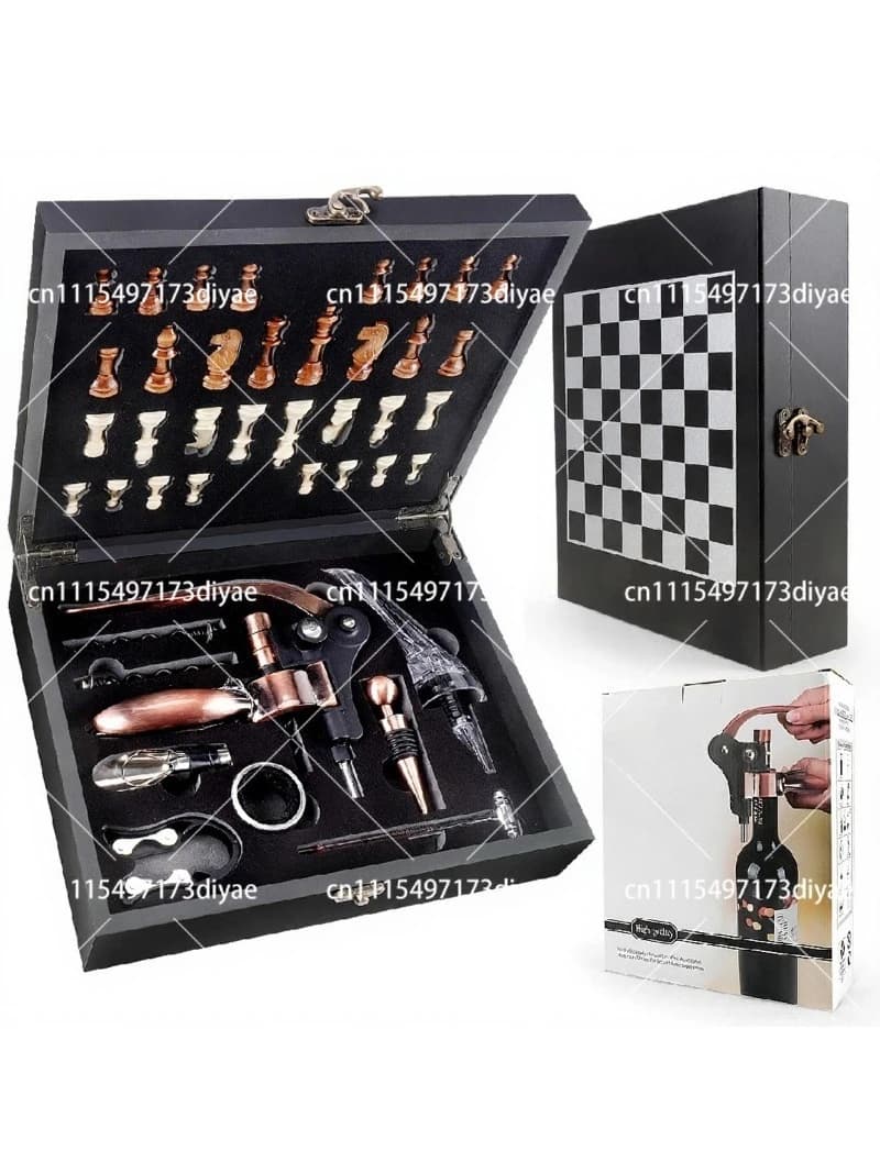 Chess Wine Set with Rabbit Head Bottle Opener, Eagle Beak Pourer, Chessboard Storage Box