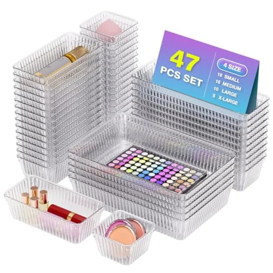Set di organizer trasparenti in plastica per cassetti - 4 misure, organizer per trucchi, divisori per cassetti da scrivania, organizer e contenitori per bagno