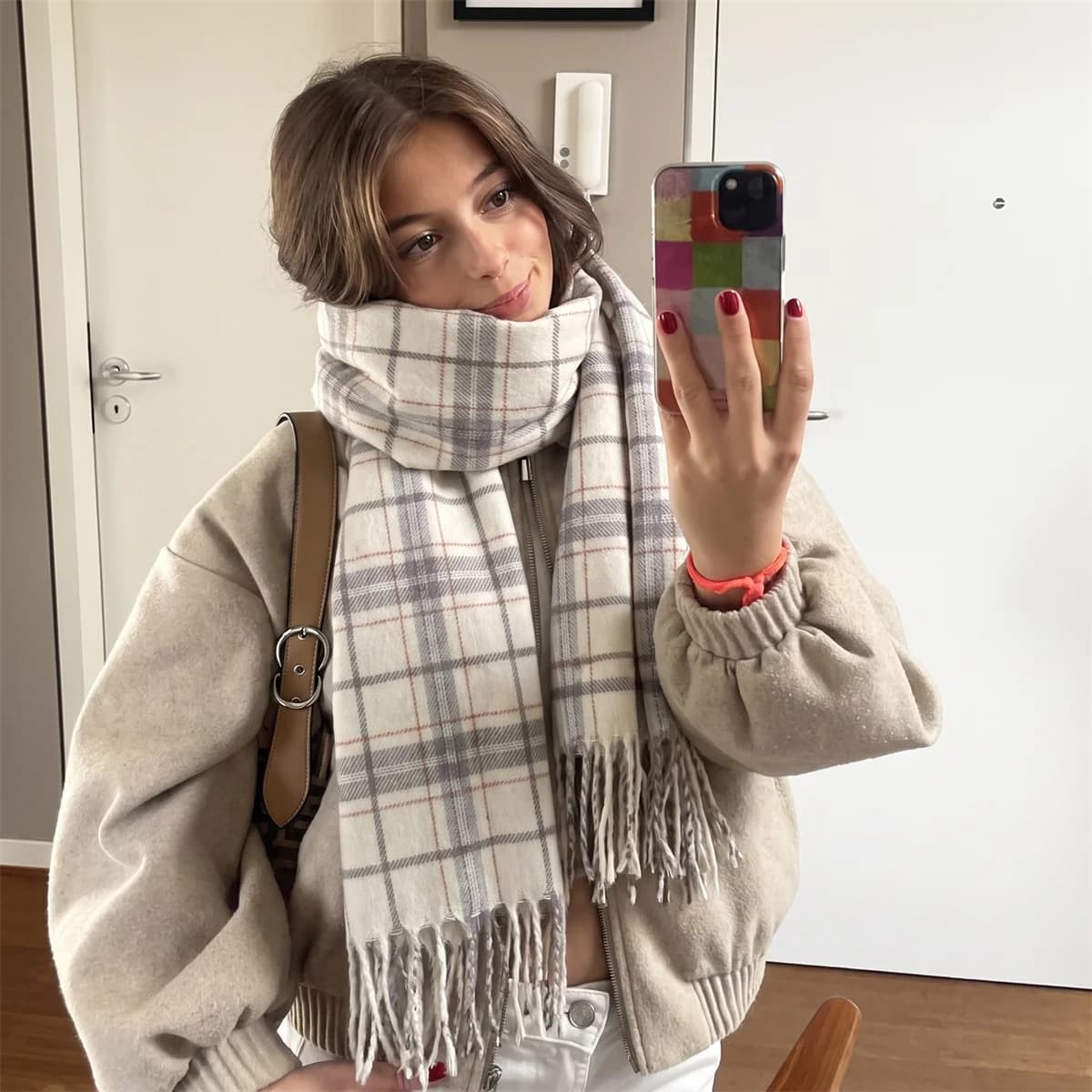 Winter Warm Thin Plaid Tassel Scarf For Women Soft Acrylic Lattice Neck Shawl Elegant Wrap Suitable For Dating Travel Daily