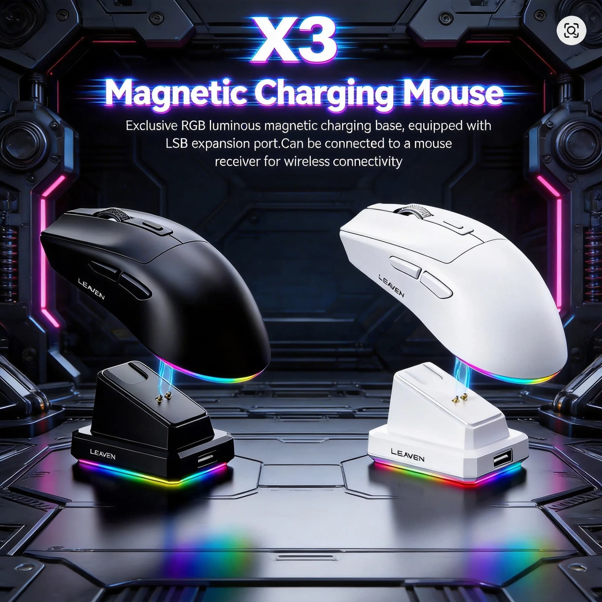Mouse Bluetooth X3 a Due Modalità, 1600 DPI, Mouse da Gioco Wireless, Ergonomico per Ufficio, RGB Touch, Base di Ricarica Magnetica, BT5.2/2.4G, Nuovo