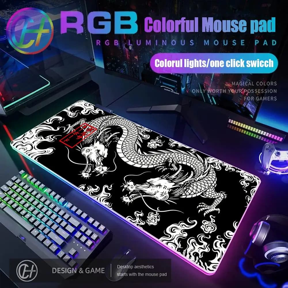 HYBXAXC Tappetino per Mouse da Gaming Giapponese con Drago, RGB, Grande, LED, XXL, per Scrivania, HD