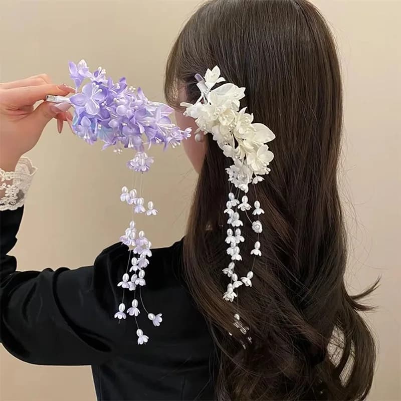 Handmade Floral Hair Accessories For Brides Exquisite Imitation Pearl Tassel Side Clips Wedding Banquet Photo Makeup Headband
