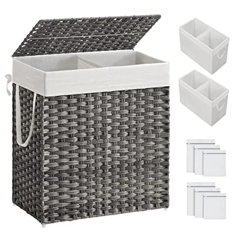 Laundry Hamper with Lid, Cothes Hamper with 2 Removabe iner Bags, 6 Mesh Bags, Wicker Laundry Basket, Double Laundry Hamper for