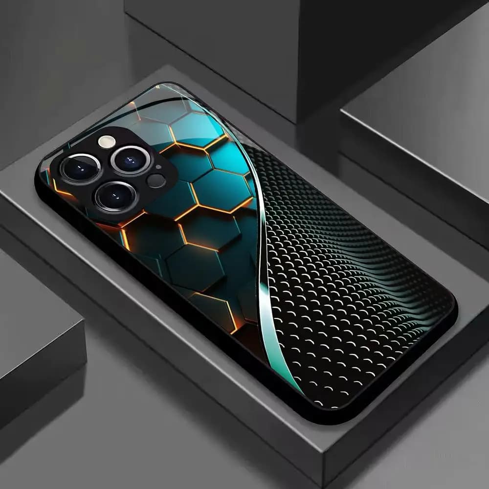 Fashionable honeycomb line splicing pattern tempered glass phone case suitable for iPhone 17 16 15 14 13 12 11 Pro/Max/Plus