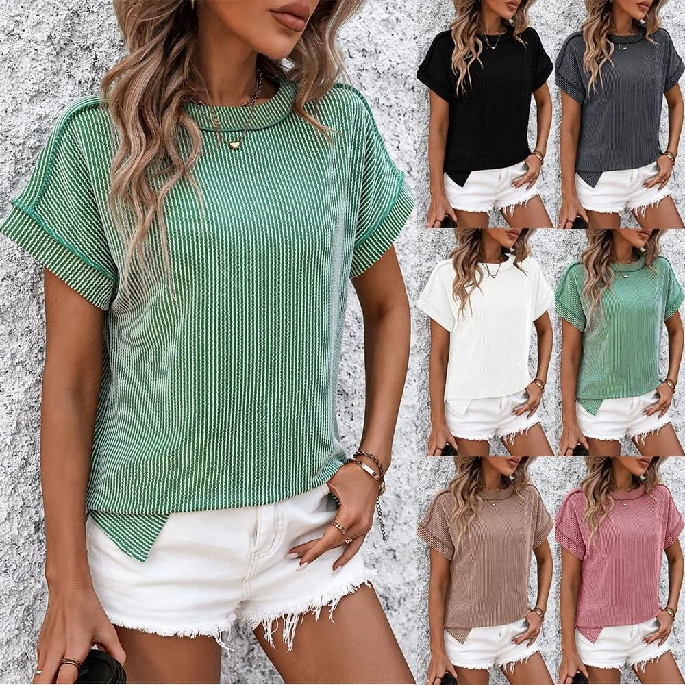 New round neck outer seam twisted strip elegant and fashionable short sleeved loose T-shirt for women tops
