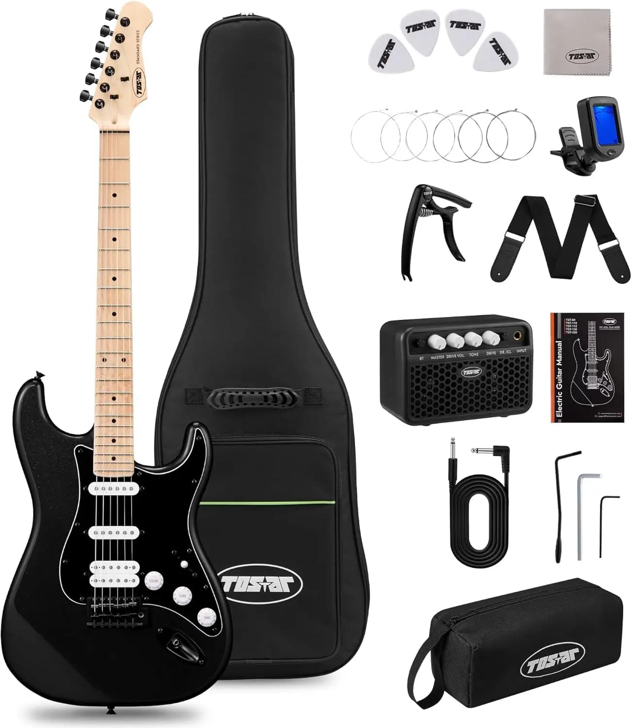 Kit Chitarra Elettrica 39 Pollici per Principianti con Amplificatore, Pickup HSS, Borsa, Tremolo, Tracolla, Plettri, Dimensioni Standard