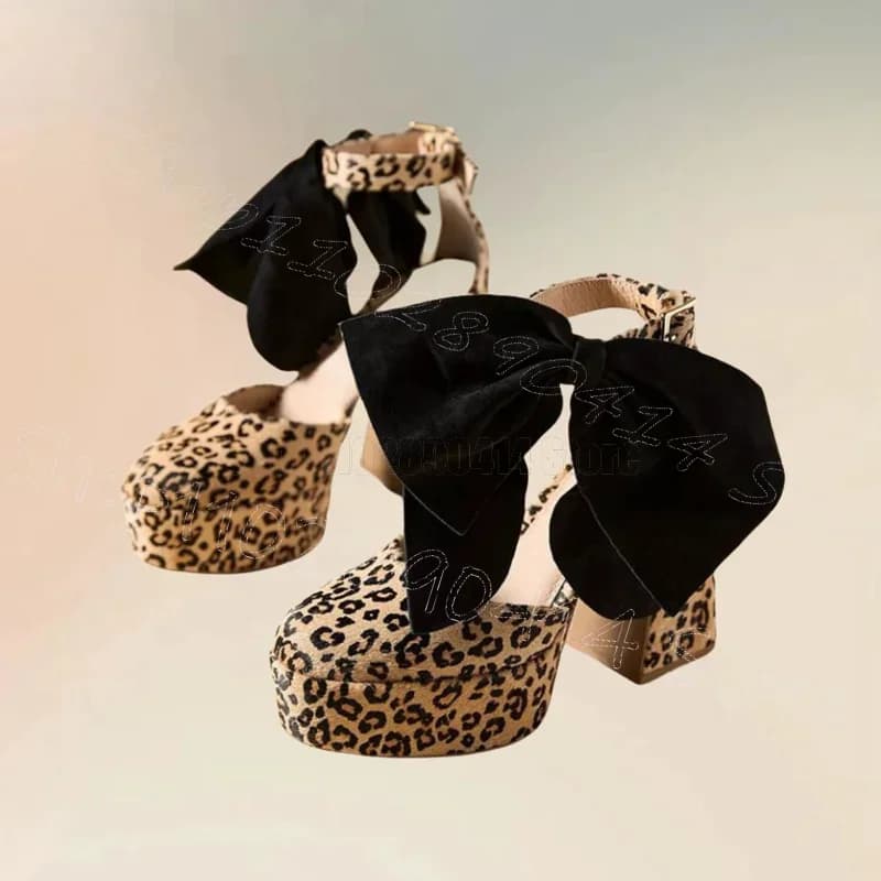 Sandali con plateau con nodo a fiocco nero con stampa leopardata cinturino con fibbia scarpe da donna tacchi alti robusti festa banchetto 2025 Zapatos Para Mujere