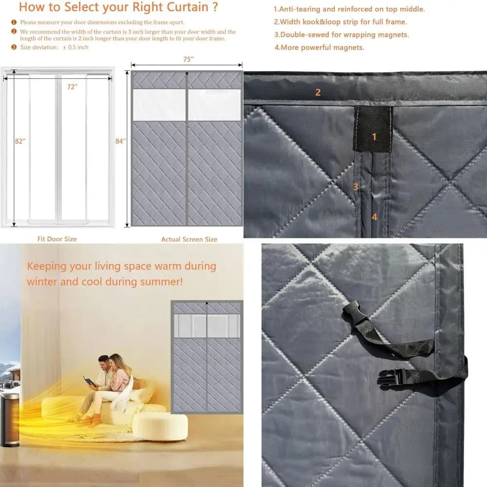 Tenda per porta con isolamento magnetico, 75x84, apertura centrale, grigia impermeabile, mantiene caldo/freddo