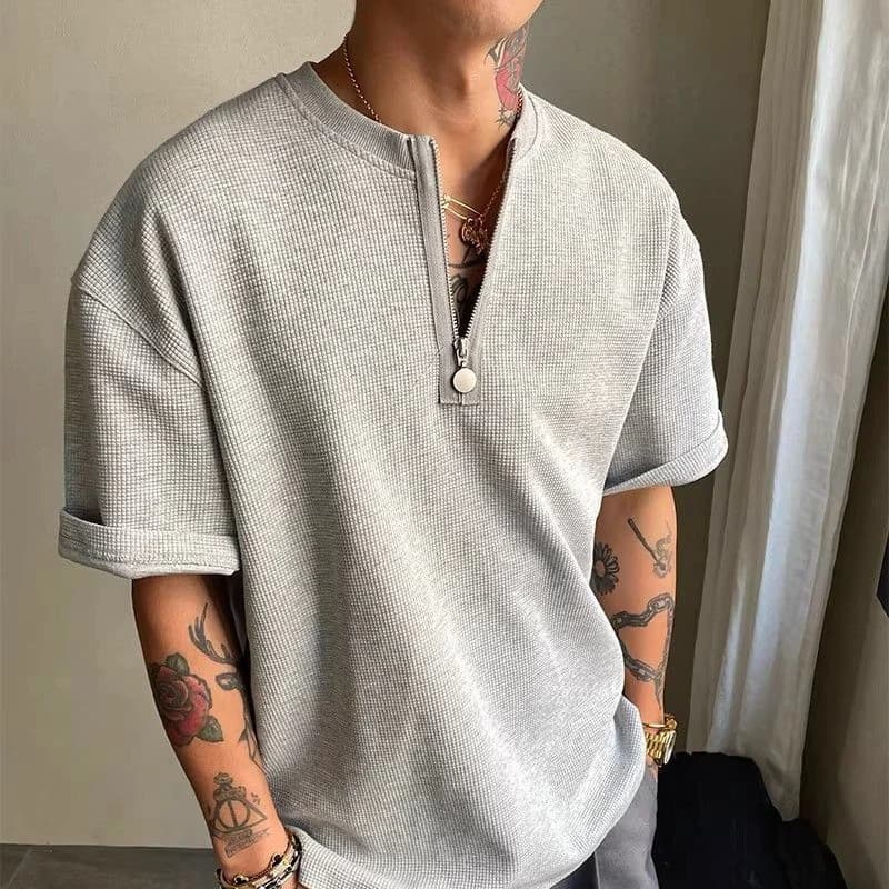 2026 Spring Summer Men Waffle Half Zip TShirt Oversize Drop Shoulder V Neck Loose Solid Short Sleeve Casual Streetwear Basic Tee