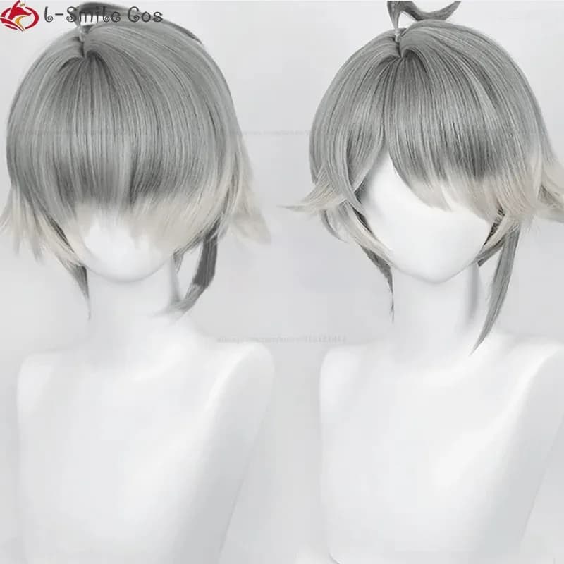 Alhaitham Genshin Gioco Sumeru Al Haitham Cosplay 30 cm Parrucche per capelli resistenti al calore sfumato grigio + cappuccio per parrucca