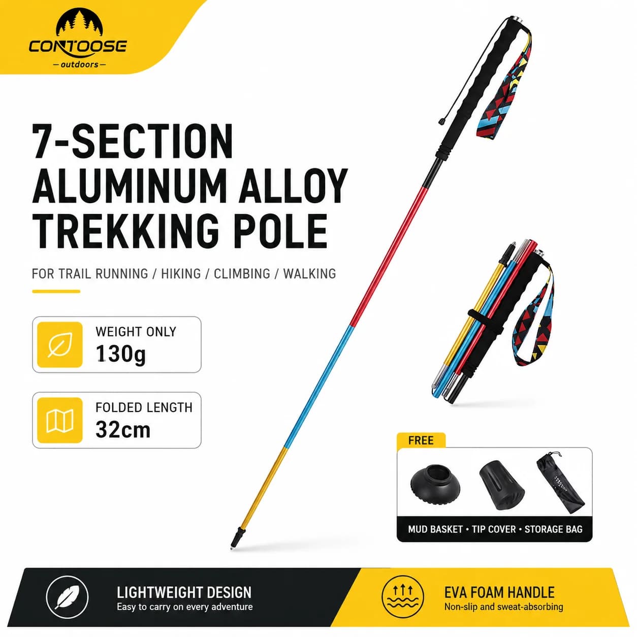 Ultralight 7075 Aluminum Folding Trekking Pole, Compact 32cm with Extended EVA Handle for Trail Running Hiking Mountaineering