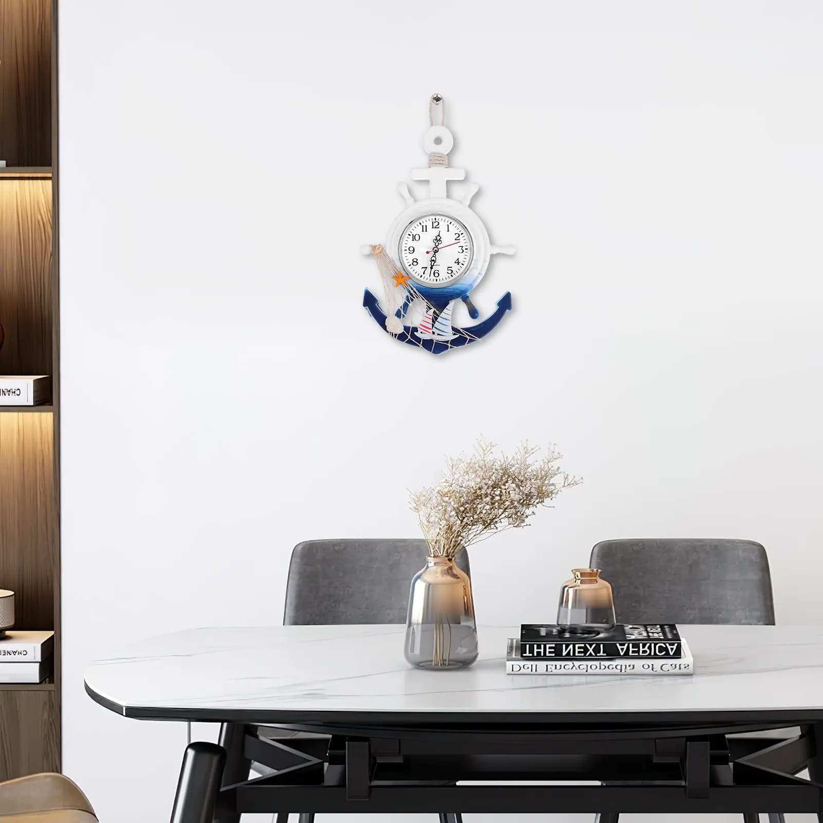 Orologio da Parete Stile Mediterraneo con Ancora, in Legno e Plastica, Decorativo per Casa, Design a Stella con Superficie a Specchio