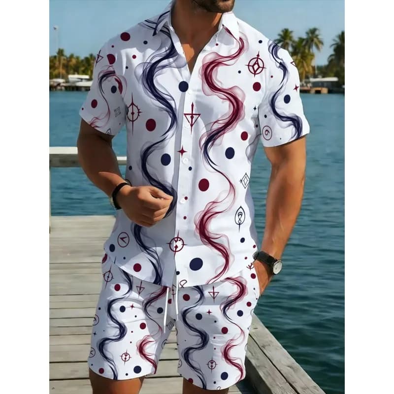 Men's Short Sleeve Shirt and Shorts Set，Lightweight polyester material，White background with red and blue wave design，Very suita