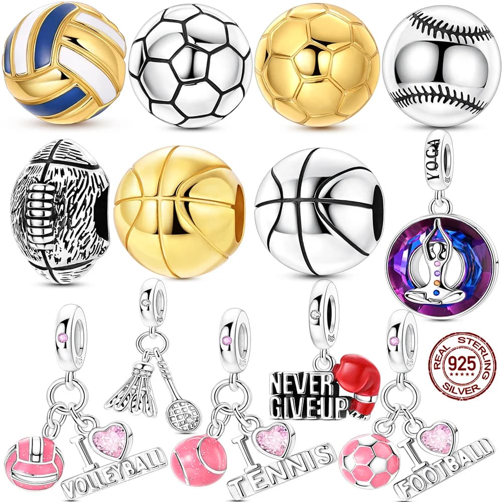 Ciondoli sportivi originali in argento 925, perline adatte a braccialetti fai da te, con ciondoli a forma di pallone da calcio, tennis, pallavolo, yoga, per gioielli da donna.