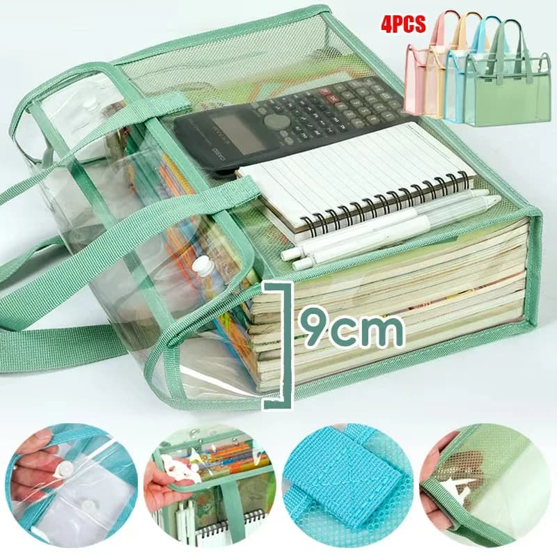 Borse per libri con cartelle portatili impermeabili trasparenti portatili di grande capacità, forniture per ufficio tascabili per file autoadesive