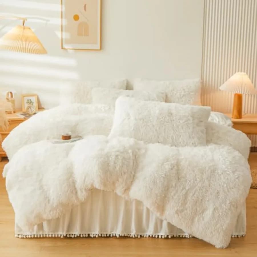 Fluffy Beige Faux Fur Comforter Cover Queen Set - 4Pcs Fuzzy Plush Cream Bedding 1 Duvet Cover 2 Pillowcases 1 Velvet Bed Skirt