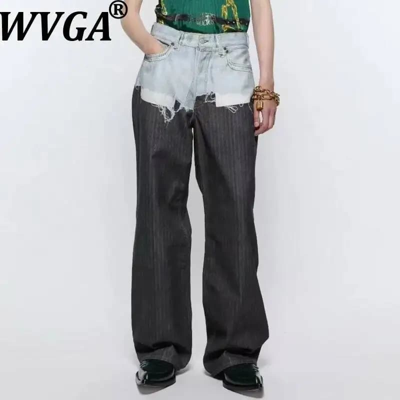 WVGA Primavera Autunno dei Nuovi Uomini di Marea High Street Patchwork Alla Moda Dritto Nicchia Chic Casual Pantaloni a Vita Larga in Denim Ins W15096