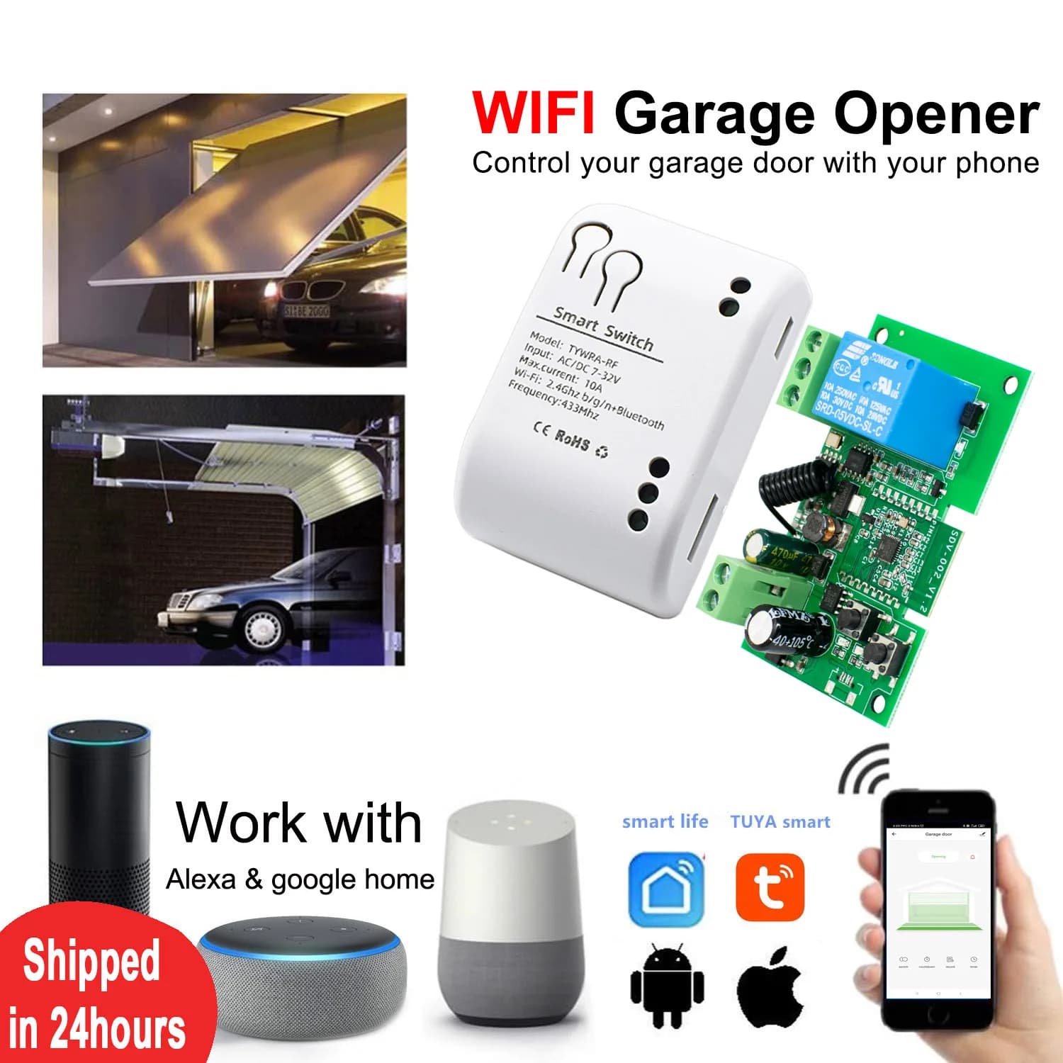 App Tuya Smart Life, controller per apertura porta garage WIFI, timer, monitor per apertura/chiusura porta, controllo vocale con Alexa/Assistente Google