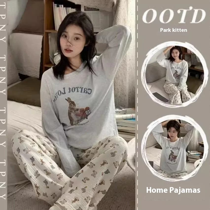 Pigiama da donna stile Ins, top a maniche lunghe e pantaloni lunghi, pigiama dolce primaverile e autunnale in stile coreano, set di abbigliamento da casa ampio