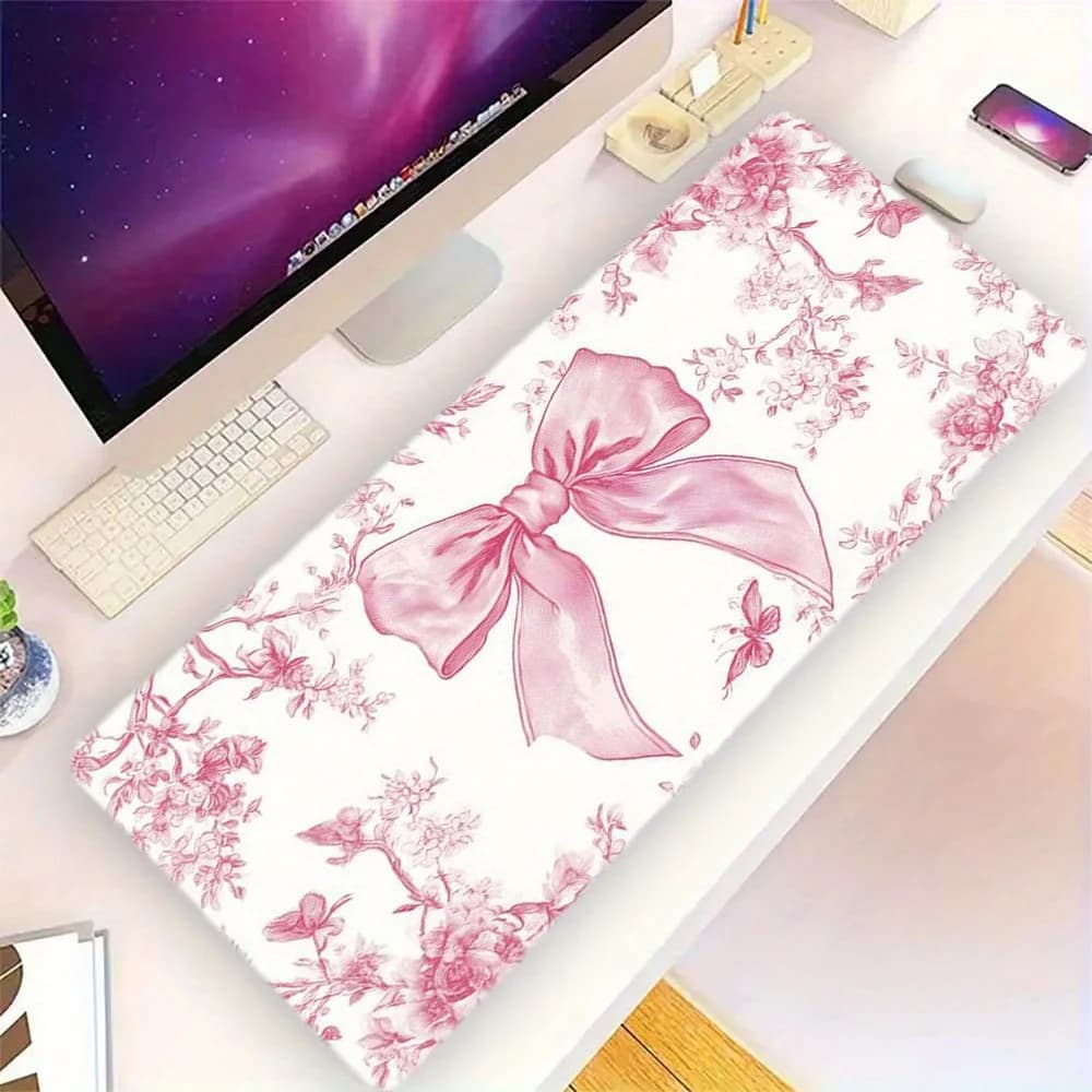 Tappetino da Scrivania Pink Ribbon Toile Grande, Tappetino per Mouse Esteso, Accessorio da Gaming in Gomma Resistente
