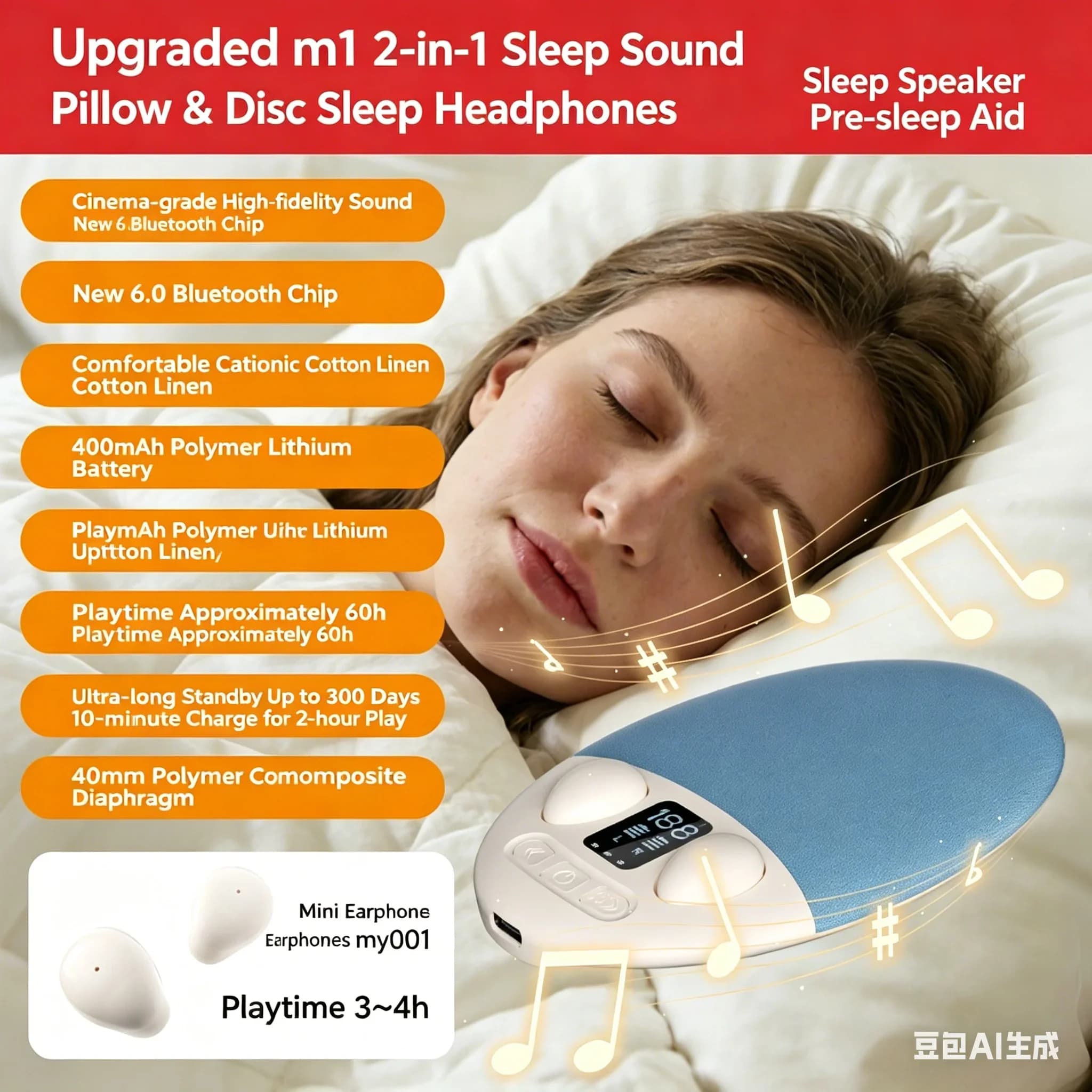 Cuffie per Dormire con Altoparlante Integrato nel Cuscino per Chi Dorme di Lato, Altoparlante Bluetooth 6.0 Senza Pressione Sotto il Cuscino con Suono HIFI e Rumore Bianco