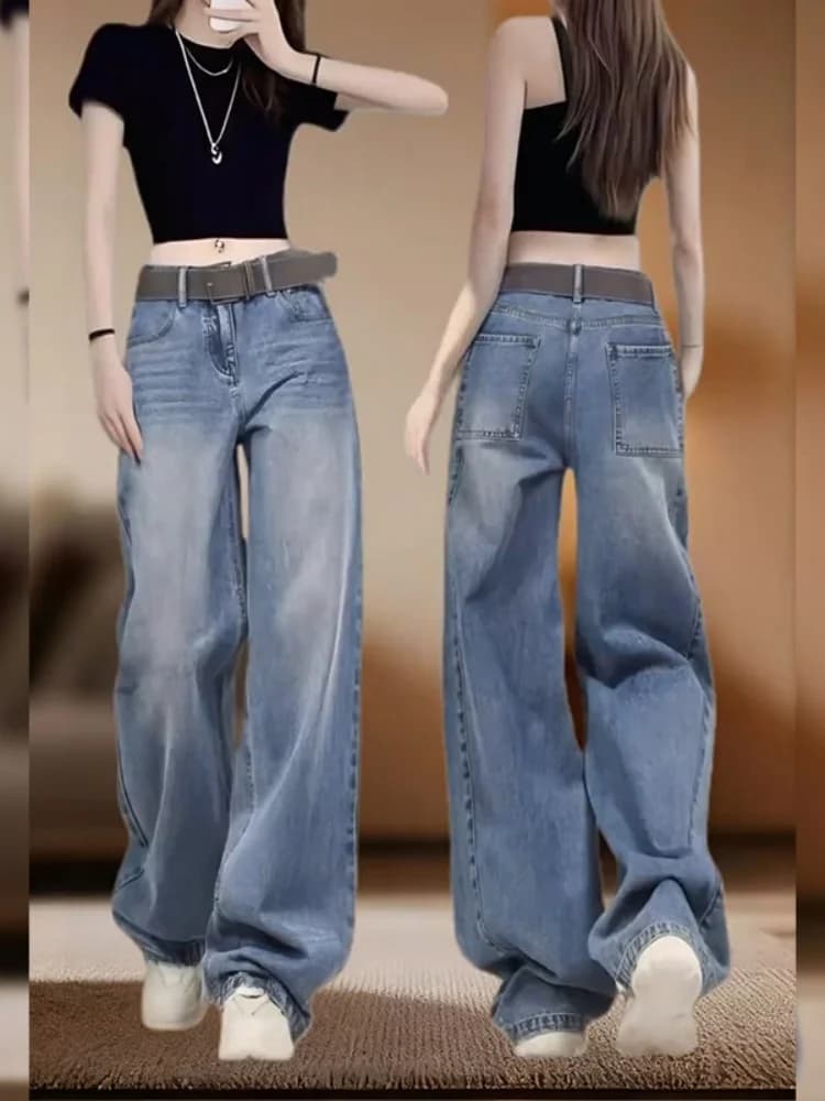 European Style Slim Wide Leg Denim Jeans Women's High Waist Loose Straight Leg Pants Spring New plus Size Slimming Effect