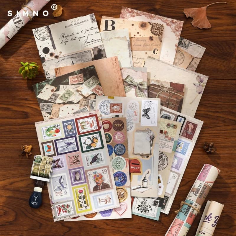 1box/10Pcs Material Paper +5Pcs Stickers Set, Mixed Journal Collage Kit, Scrapbook Handmade Craft Decor Supplies