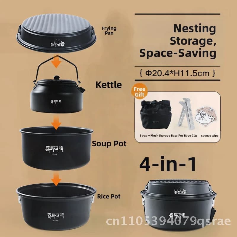 3 piece Himalayan camping pot set Portable aluminum alloy kettle Picnic pot with rice pot and pan for 3-4