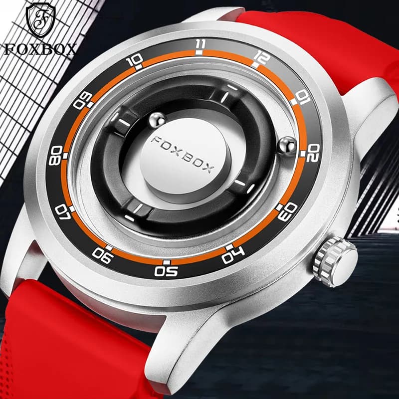 FOXBOX New Red Silicone Watch for Men Fashion Creative Slide Pointer Magnetic Force Waterproof Men Quartz Wristwatches