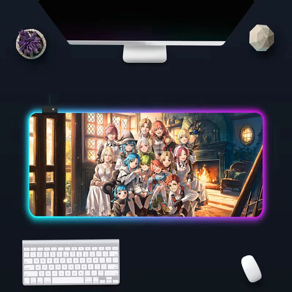 Tappetino per mouse RGB con LED luminosi per PC gamer, con stampa di una ragazza anime Mushoku, in gomma, per computer.