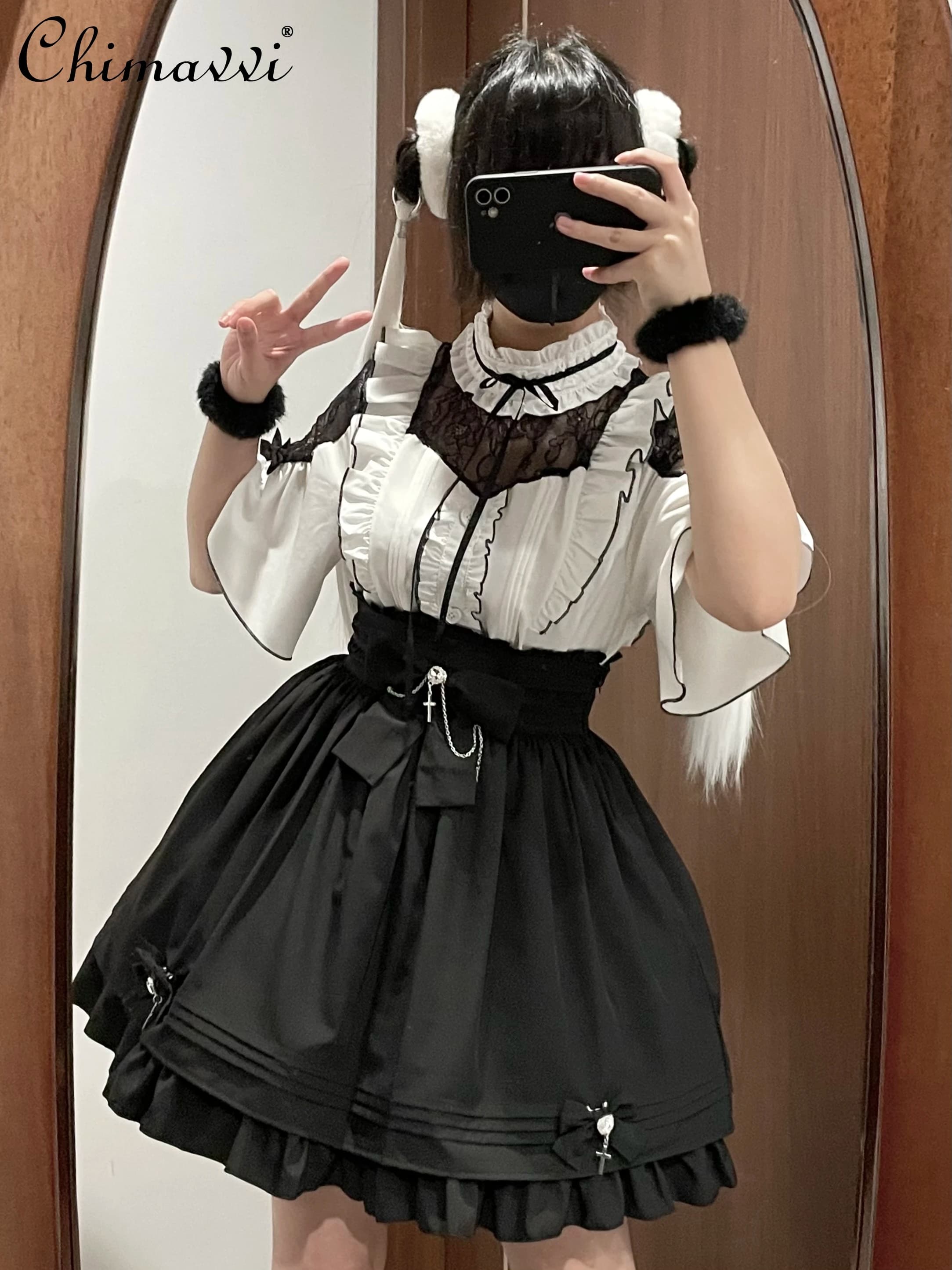 Camicetta ricamata a maniche corte in pizzo stile gotico da miniera giapponese gonna sottile a vita alta abiti estivi da donna in due pezzi Lolita