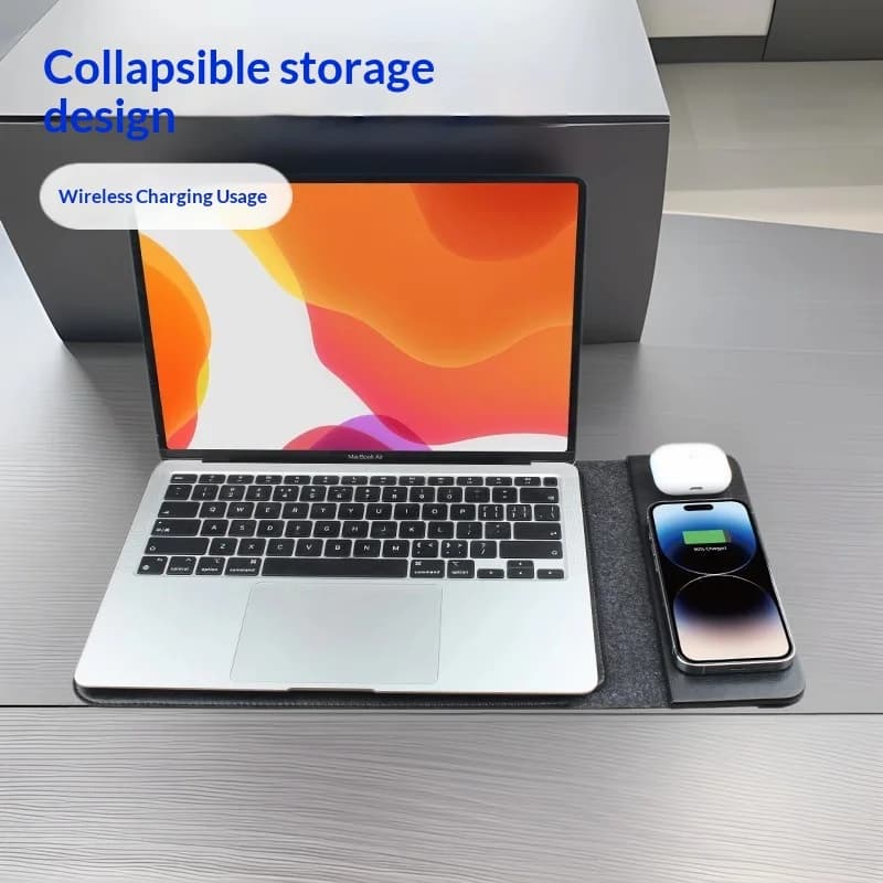 Borsa per laptop wireless magnetica da 15 W con pelle PU, ricarica wireless, design pieghevole per MacBook 14" 16" Grigio Nero