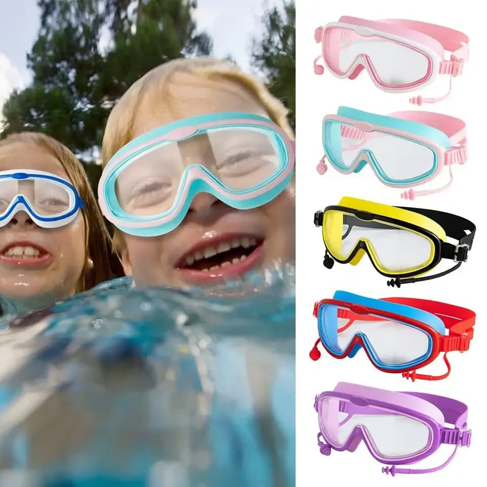 1 pair of swimming glasses with large frame, anti-fog, with wide field of view, for scuba diving, with ear plugs, for adults and boys