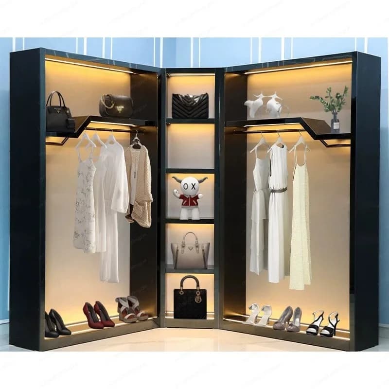 L-Shaped Corner Clothing Display Cabinet With LED Light Metal Frame Garment Rack For Boutique Clothing Store Shoes Bags Display