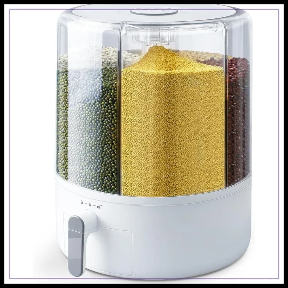 Contenitore per la conservazione di cereali e riso a 6 scomparti, 360 ° Dispenser Girevole per Alimenti da 25 libbre, Ermetico, Bianco