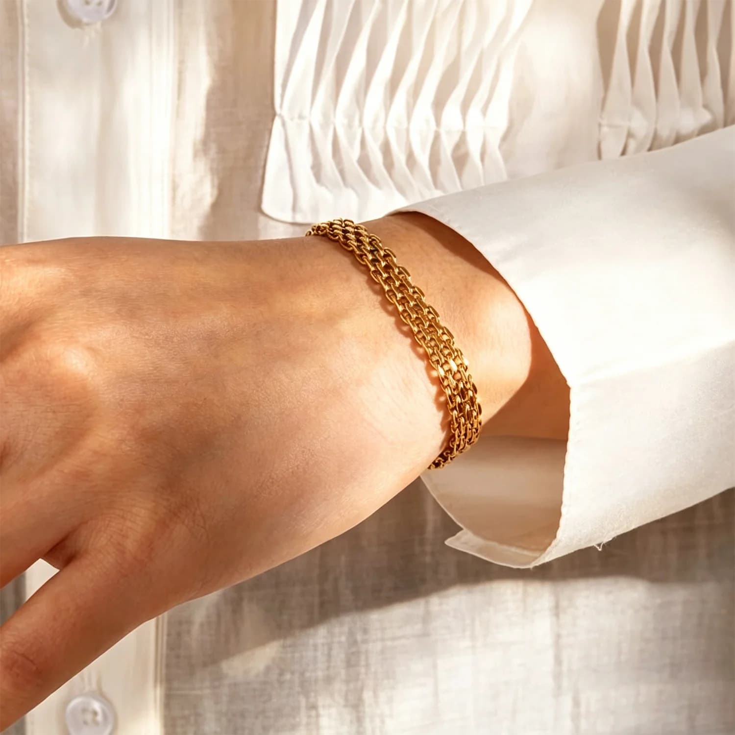 Gold Plated Multi-layer Mesh Chain Bracelet Woven Textured Wide Band Bracelet Minimalist Women Daily Elegant Jewelry