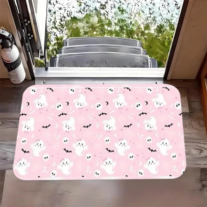 Pink Lovely White Ghost Bat Moon Repeat Pattern Sweet Spooky Entrance Mat Non-Slip Doormat for Front Door Porch Cute