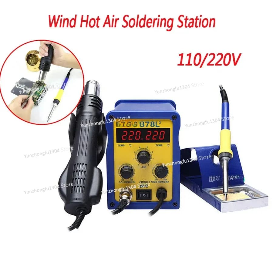 Stazione di Saldatura ad Aria Calda 878L2 110/220V con Pistola Termica per Riparazione Cellulari, Display Digitale LED, Manuale in Inglese