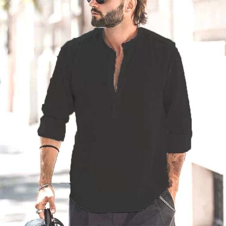 Camicia da uomo nera a maniche corte con colletto Henry, stile preppy autunnale, di alta gamma, stile americano, giacca-camicia casual giovanile, pura cotone.