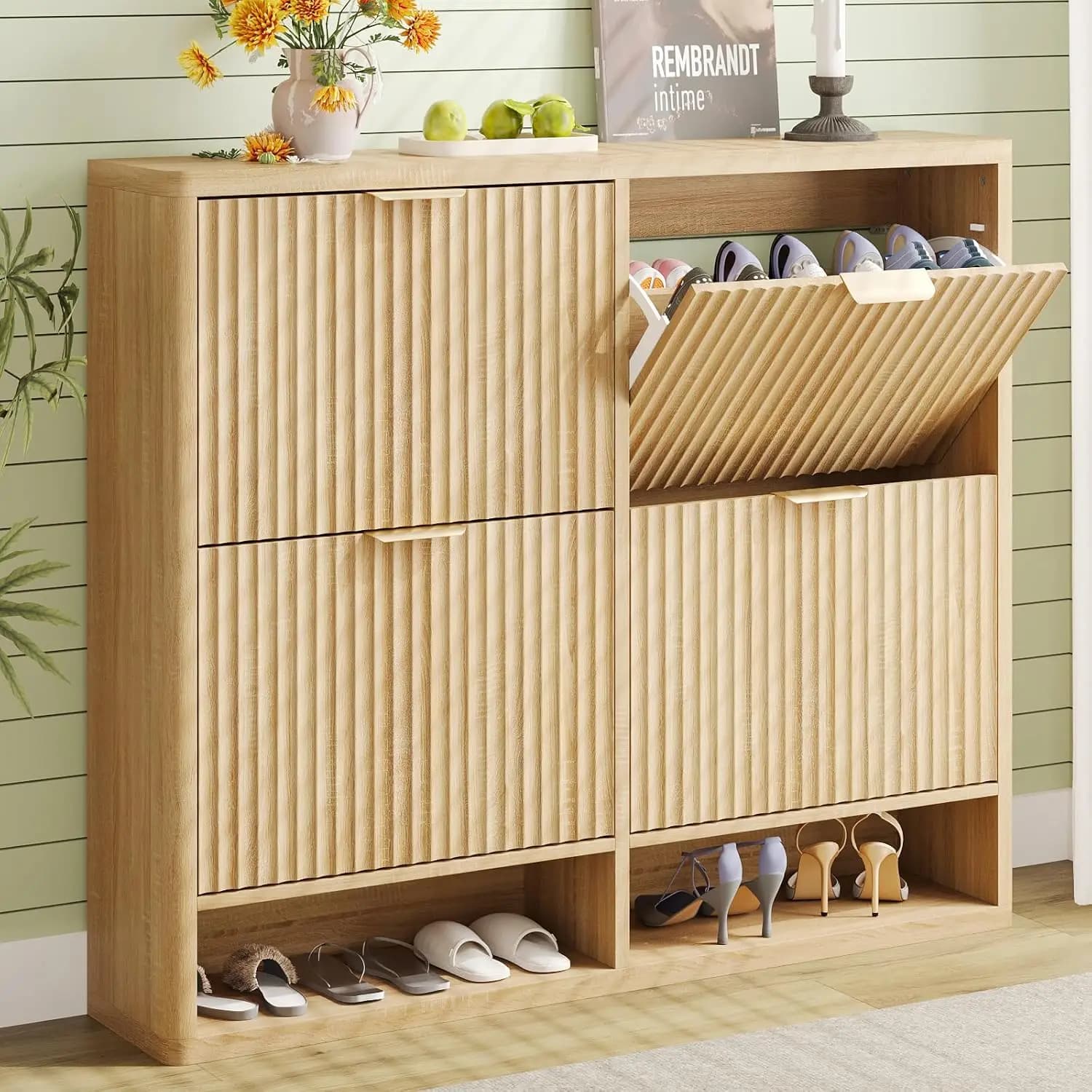 Mobiletto Portascarpe Scanalato con 4 Cassetti a Ribalta, in Legno, Maniglie Sottili in Metallo, Antiribaltamento, per Ingresso e Soggiorno, Rovere Chiaro, Personalizzabile