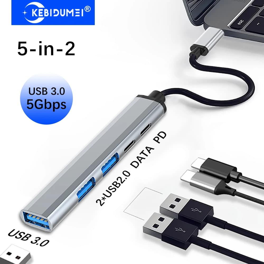 KEBIDUMEI Hub USB 3.0 5-in-2, Docking Station USB C, da Tipo C a USB 3.0 5Gbps/DATA/PD 65W, Splitter USB, Adattatore OTG per PC e Laptop