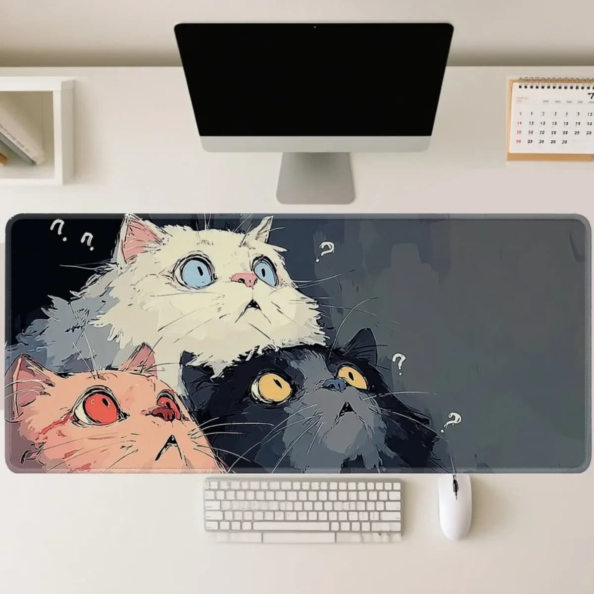 Tappetino per Mouse con Illustrazione Estetica di Gatto Giapponese, Base in Gomma Antiscivolo 2D per Ufficio e Gaming