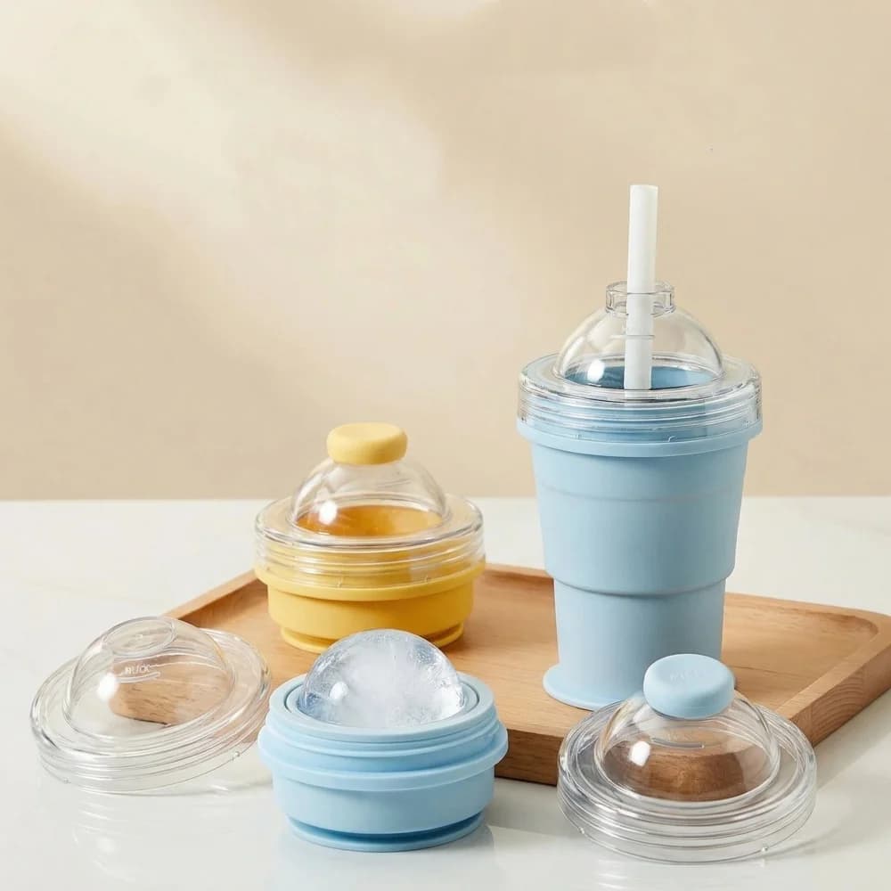Tazza Pieghevole in Silicone con Stampino per Cubetti di Ghiaccio, Borraccia da Viaggio Estiva Richiudibile in Silicone con Stampo per Ghiaccio Integrato 2in1