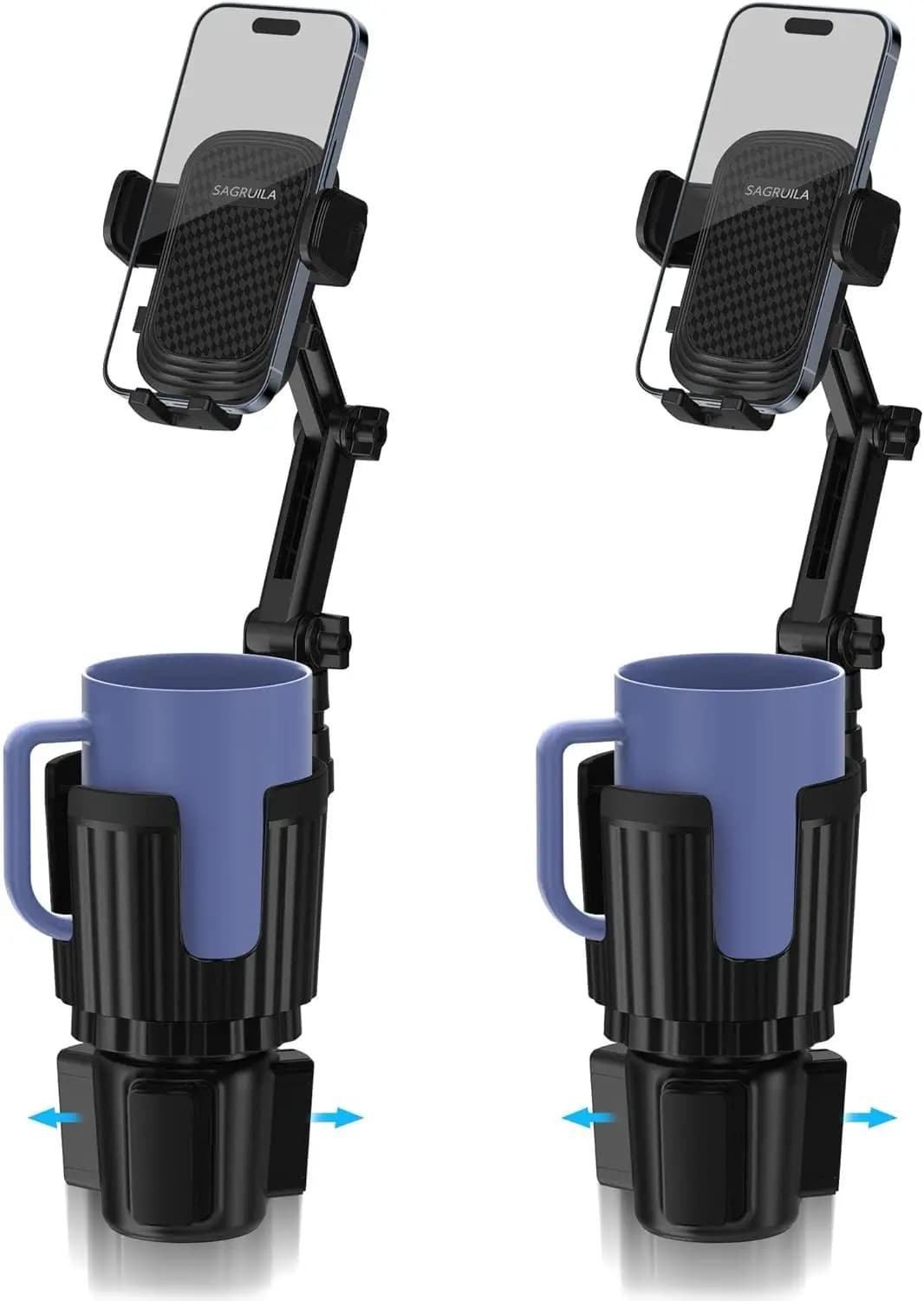 Supporto per telefono portabicchieri per auto 2 in 1 con base espandibile, 360 ° Braccio rotante, adatto a telefoni da 4-7" e alla maggior parte delle bottiglie