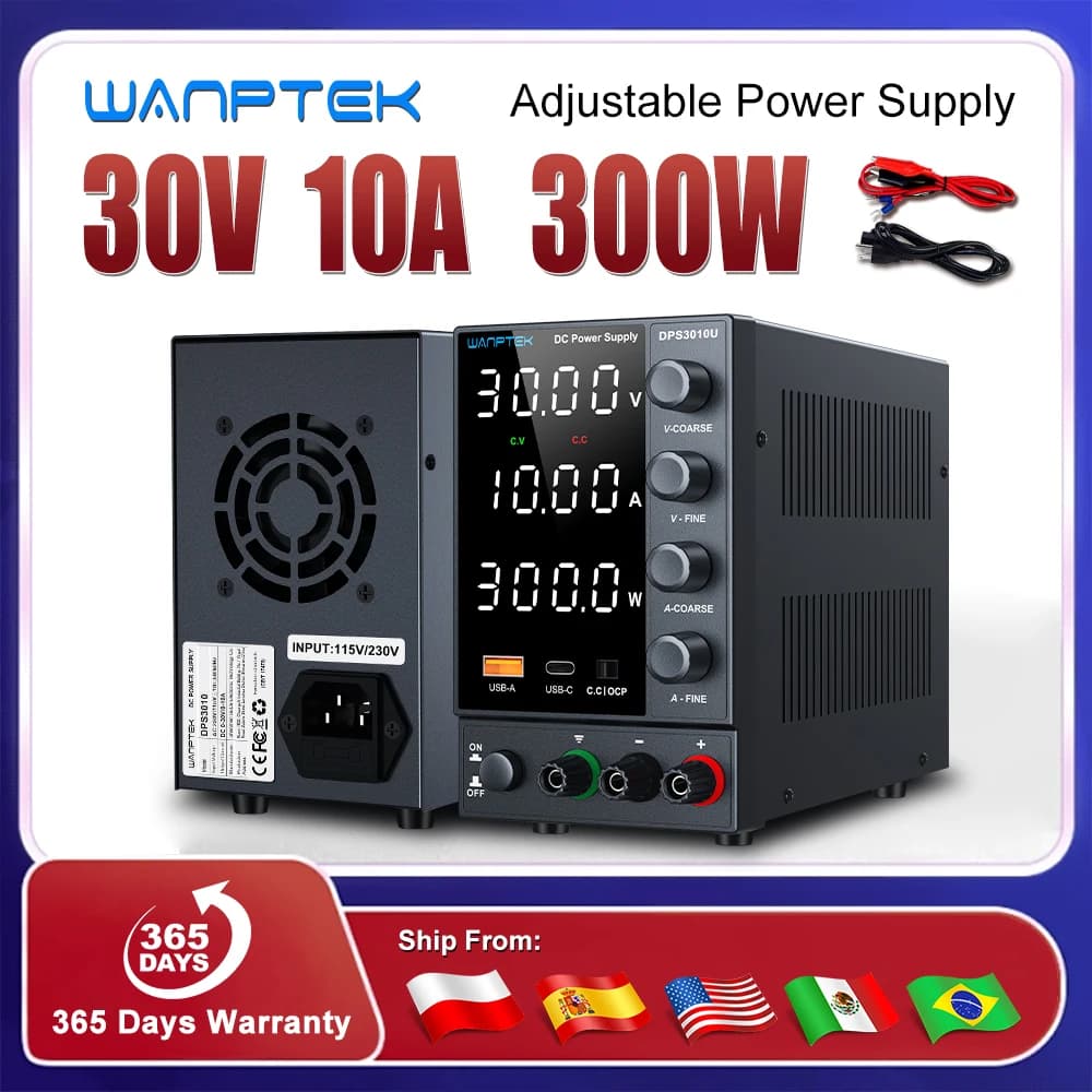 Wanptek Interruttore Regolabile Alimentatore CC 30V 10A Alimentatore da Banco Uscita 60V 5A con Corrente Preimpostata Porta di Ricarica USB/Tipo C