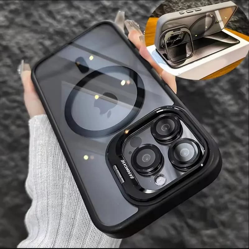 Luxury Magnetic Shockproof Phone Case For iPhone 17 16 15 14 13 12 Pro Max For Magsafe Funda Stand Glass Lens Protector Cover