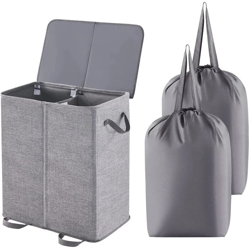 1pc 136L Double Laundry Hamper With Lid And Removable Laundry Bags Divided Basket With Handles Large Separated Clothes Bas Grey
